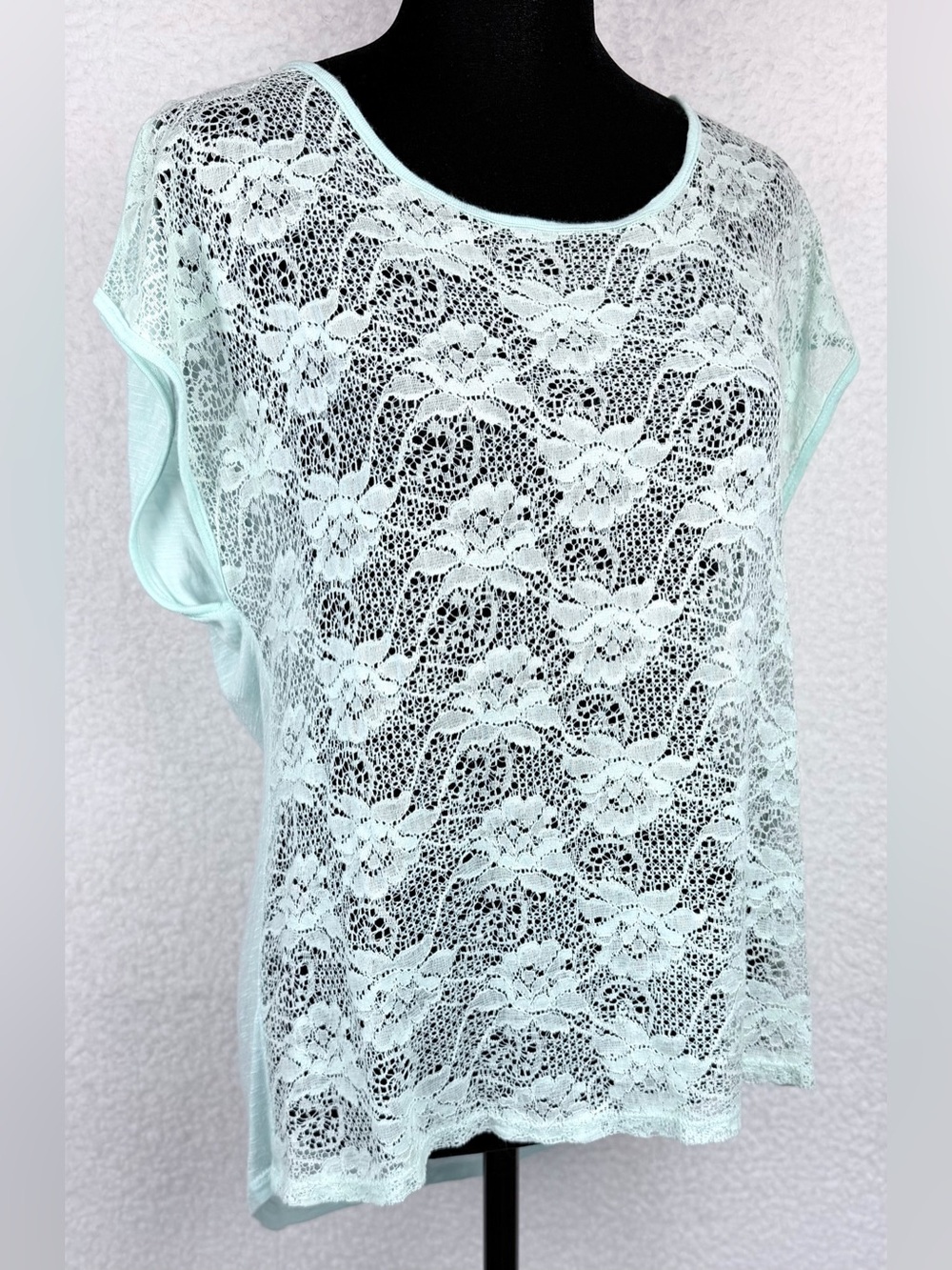 CHLOE K • Minty Blue Floral Lace Open-Back Short Sleeve Blouse Top, L - Picture 7 of 11